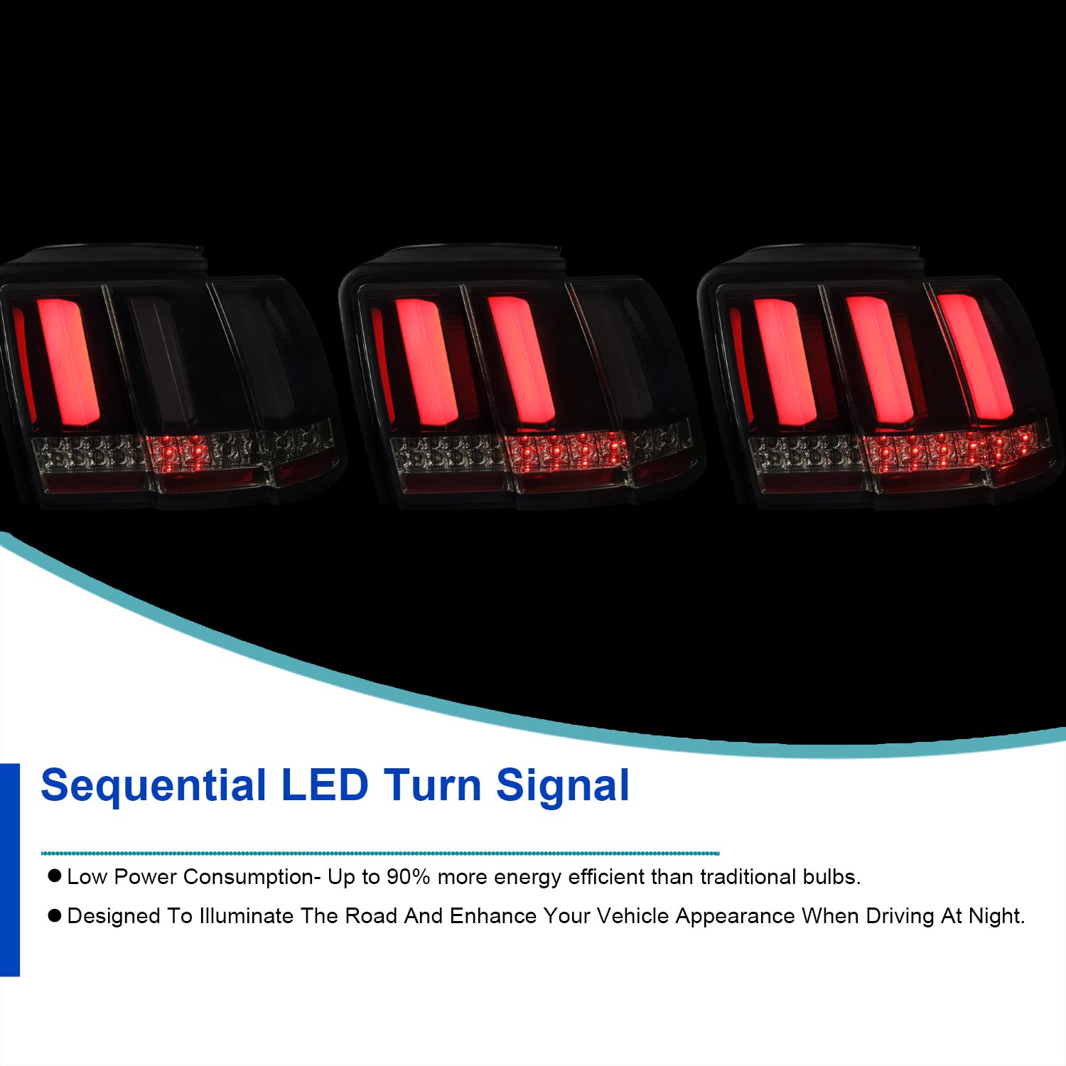 Spec-D Tuning Glossy Black Housing Smoke Lens Sequential Led Bar Tail Lights Compatible With 1999-2004 Ford Mustang, Left + Righ