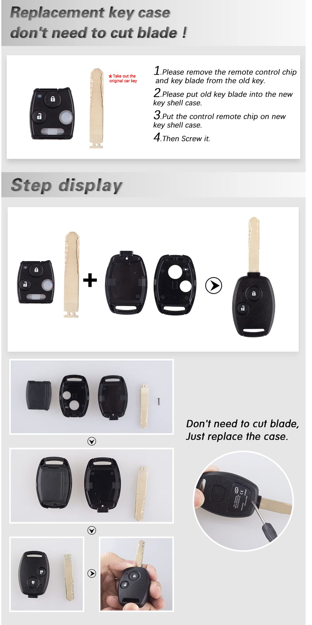 Cutting Not Required - Replacement Keyless Entry Remote Key Fob Shell Case fits Honda Accord 2003-2012 / CR-V 2005-2006 / Civic