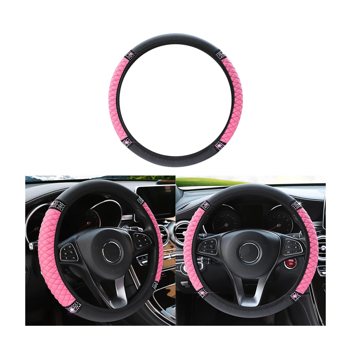 Bling Leather Steering Wheel Cover, Colorful Rhinestones Elastic Steering Wheel Protector, Pu Soft Leather With Crystal Diamond, Sparkling Car Accessories For Most Cars (Pink)