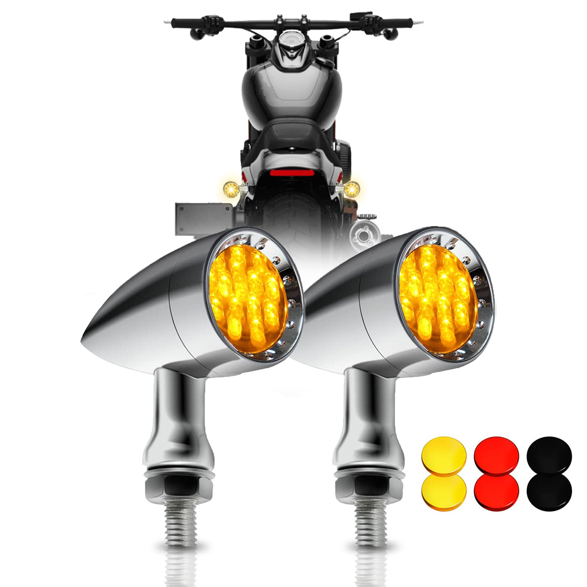 DREAMIZER 2pcs Chrome Bullet 15 LEDs Motorcycle Turn Signal Lights Front and Rear Indicator Lamps Compatible for Harley Honda Ya