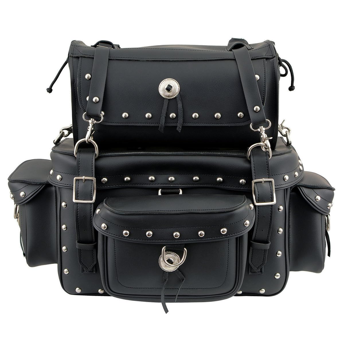 Milwaukee Leather MP8100S Large Black PVC 2-Piece Studded Motorcycle Touring Pack Sissy Bar Bag - One Size