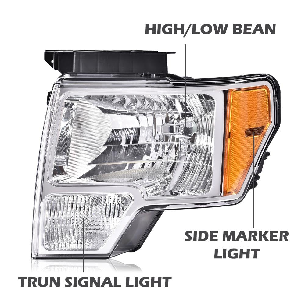 Pit66 Headlight Assembly Compatible With 09-14 Ford F150 2009-2014, Left And Right Driver & Passenger Halogen Headlamp (Basic St