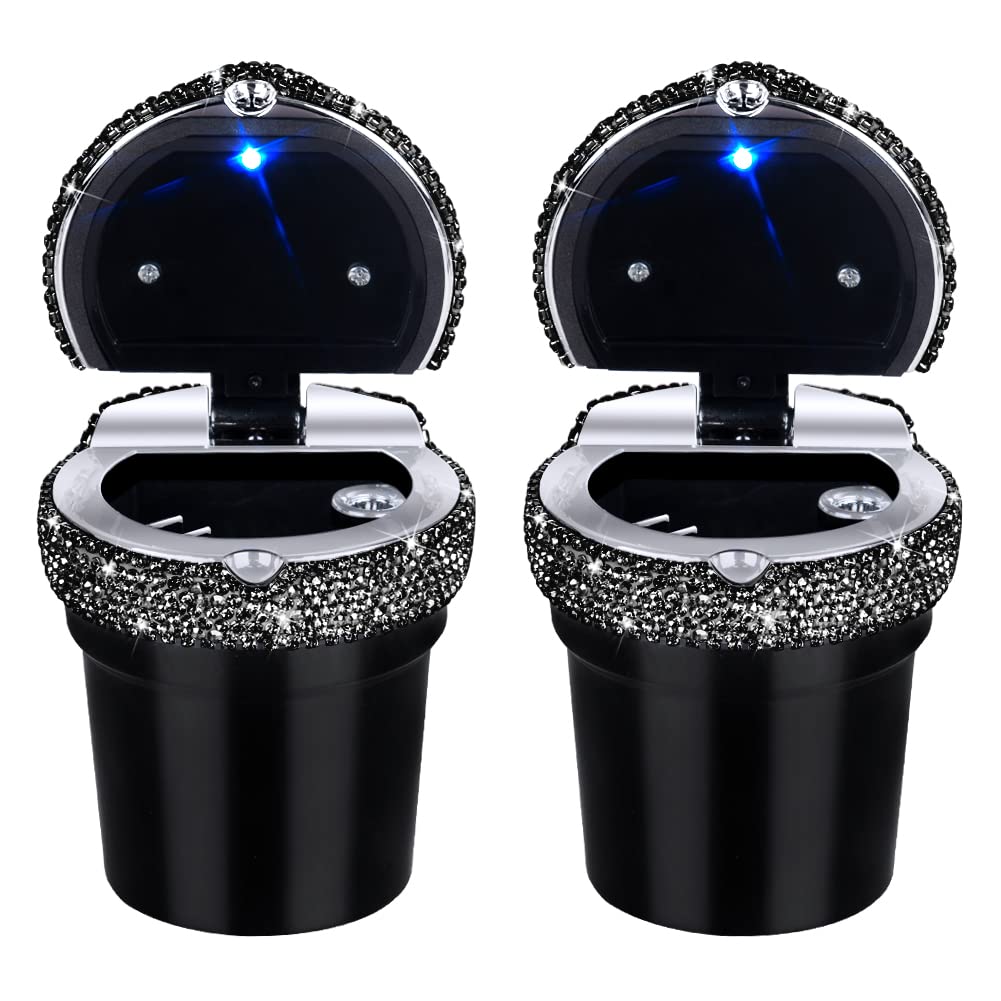 Eing Car Ashtray Portable Cigarette Smokeless Cylinder Cup Holder With Blue Led Light Indicator And 2 Replacement Batteries,Car