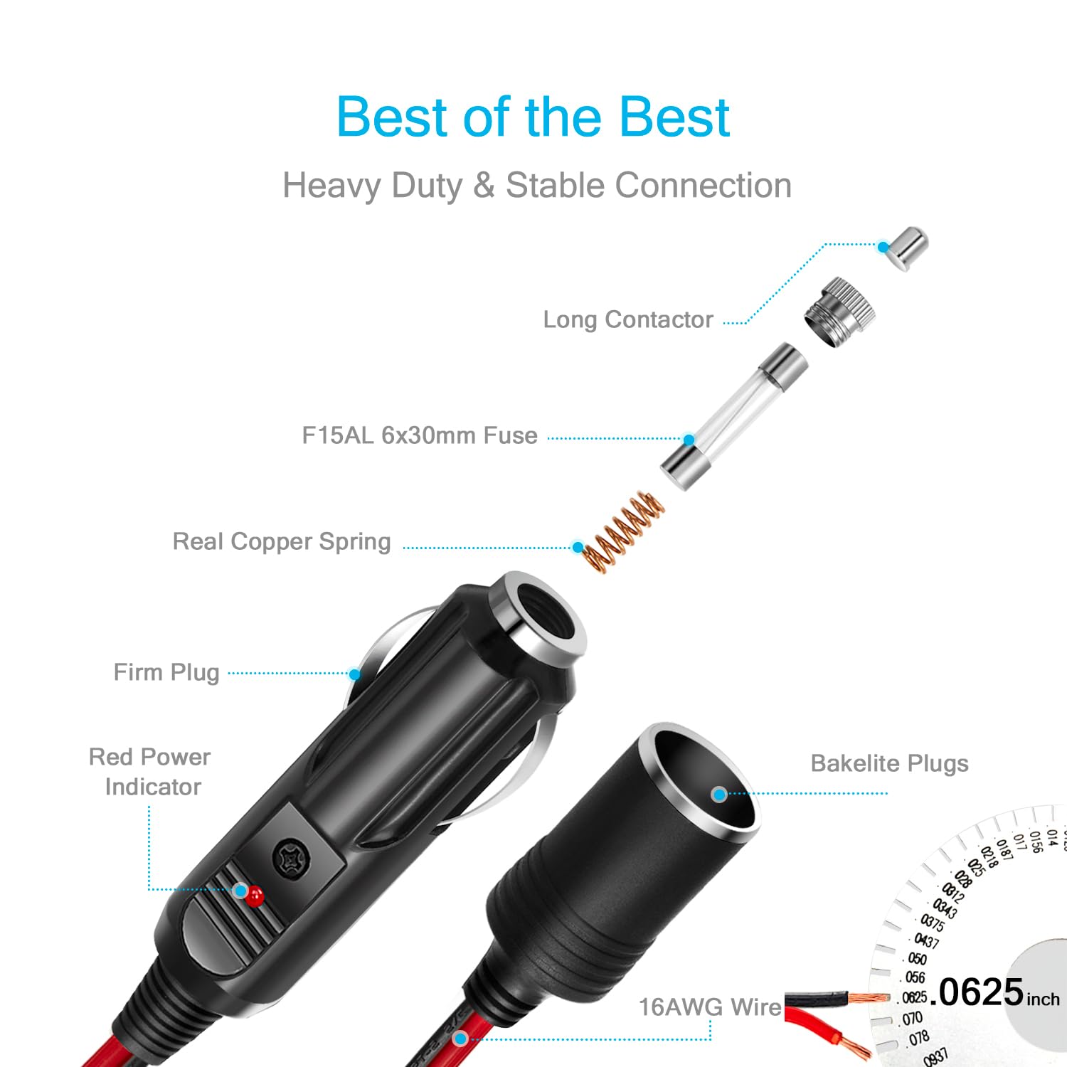 Chanzon 12V/24V Car Cigarette Lighter Extension Cord - 12Ft Ul 16Awg Cable With 15A Fuse - Heavy Duty Auto Dc Power Plug Connect