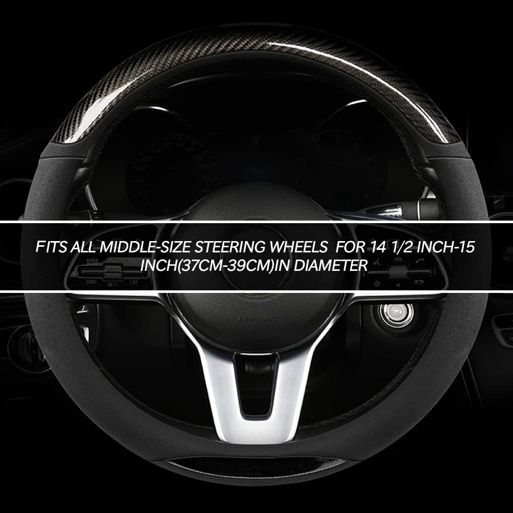 ZHOL Carbon Fiber Suede Steering Wheel Cover Universal 15 Inch Car Interior Accessories Comfortable Anti-Slip and Odorless Car S