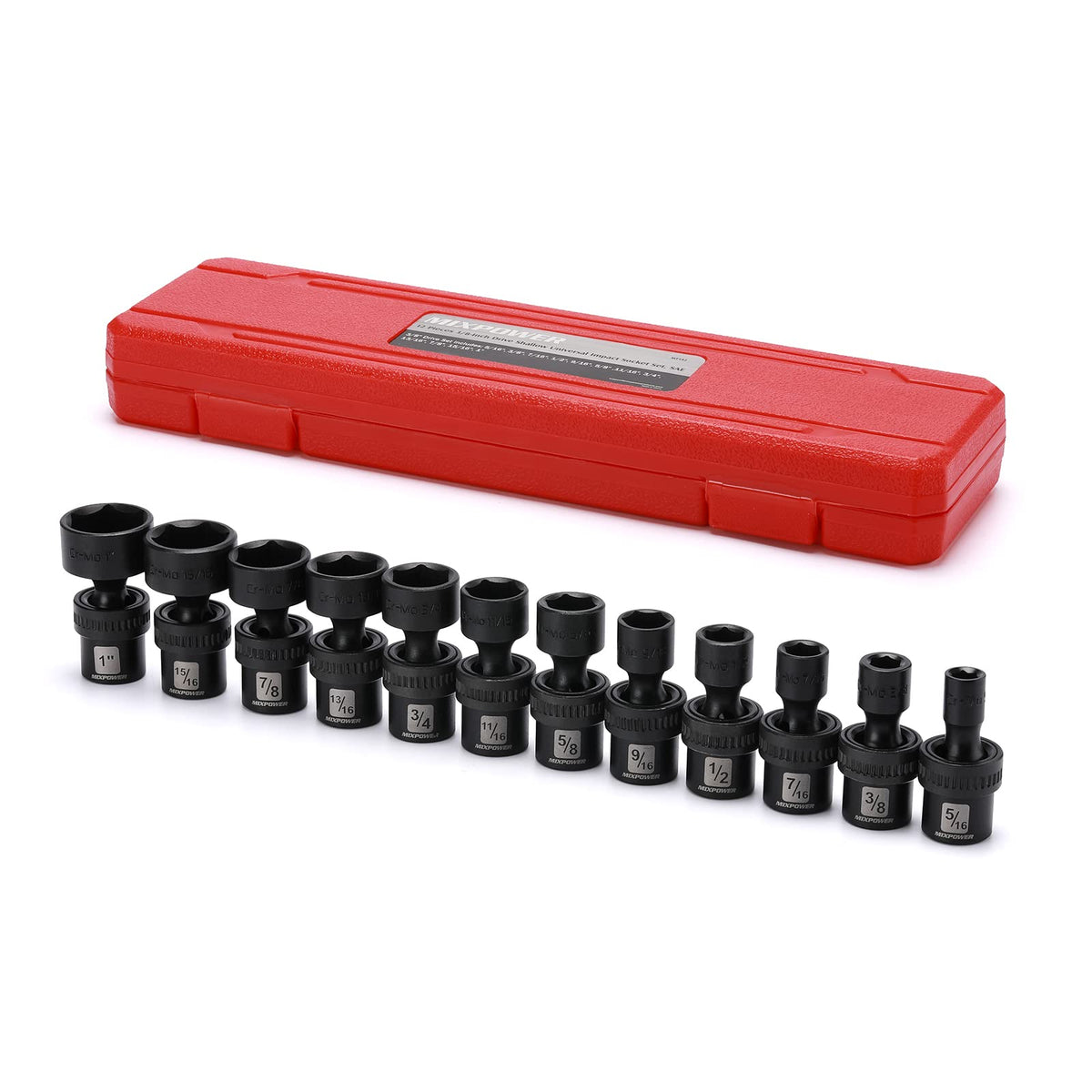 Mixpower 3/8" Drive Shallow Impact Universal Joint Swivel Socket Set, Sae, 5/16" - 1", Shallow, Flexible Wobble, Chrome Molybdenum Steel, 12 Pieces Set