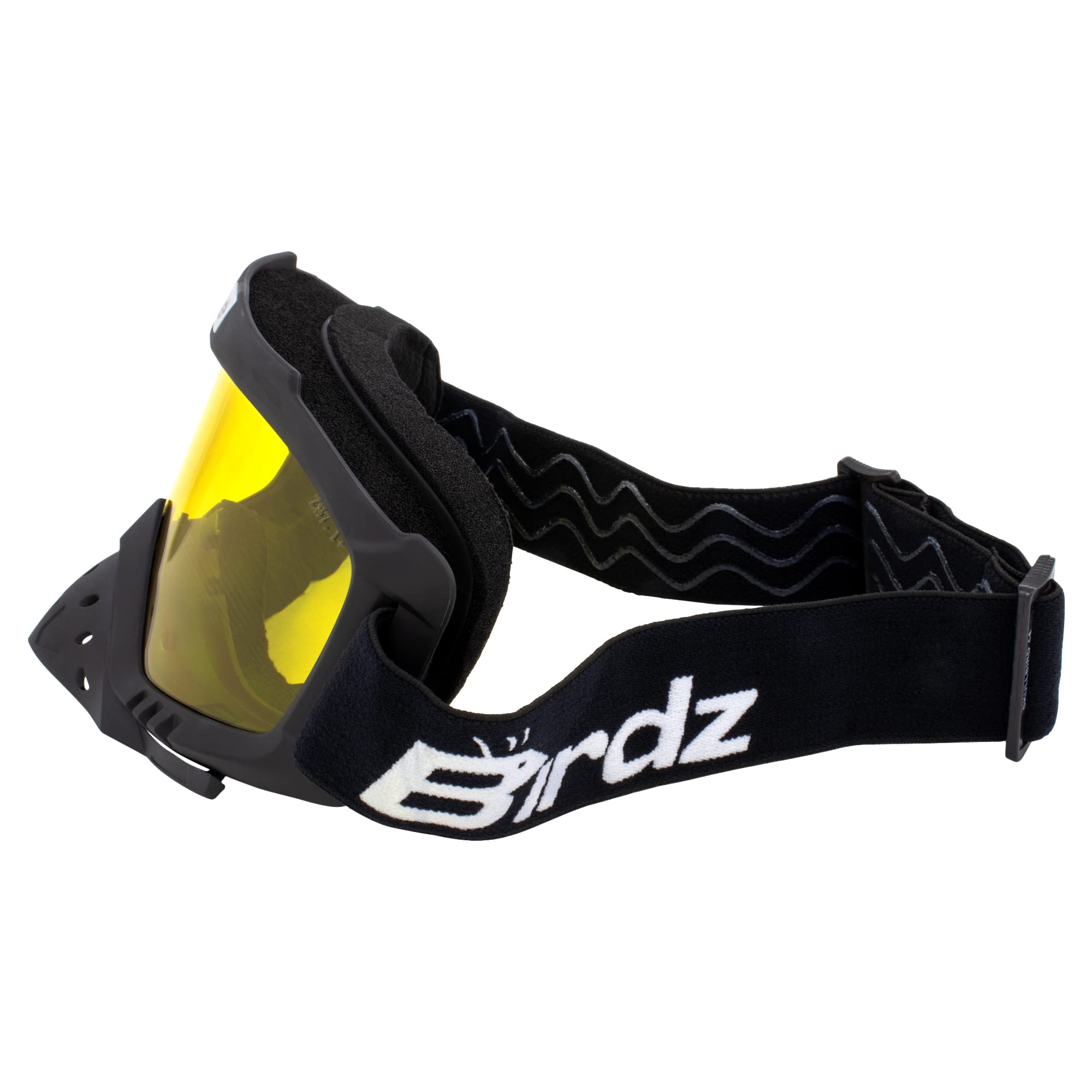 Birdz Eyewear Toucan Motorcycle Atv Utv Motocross Ski Padded Goggles With Detachable Nose Guard Black Frame With Smoke Lens (Yellow)