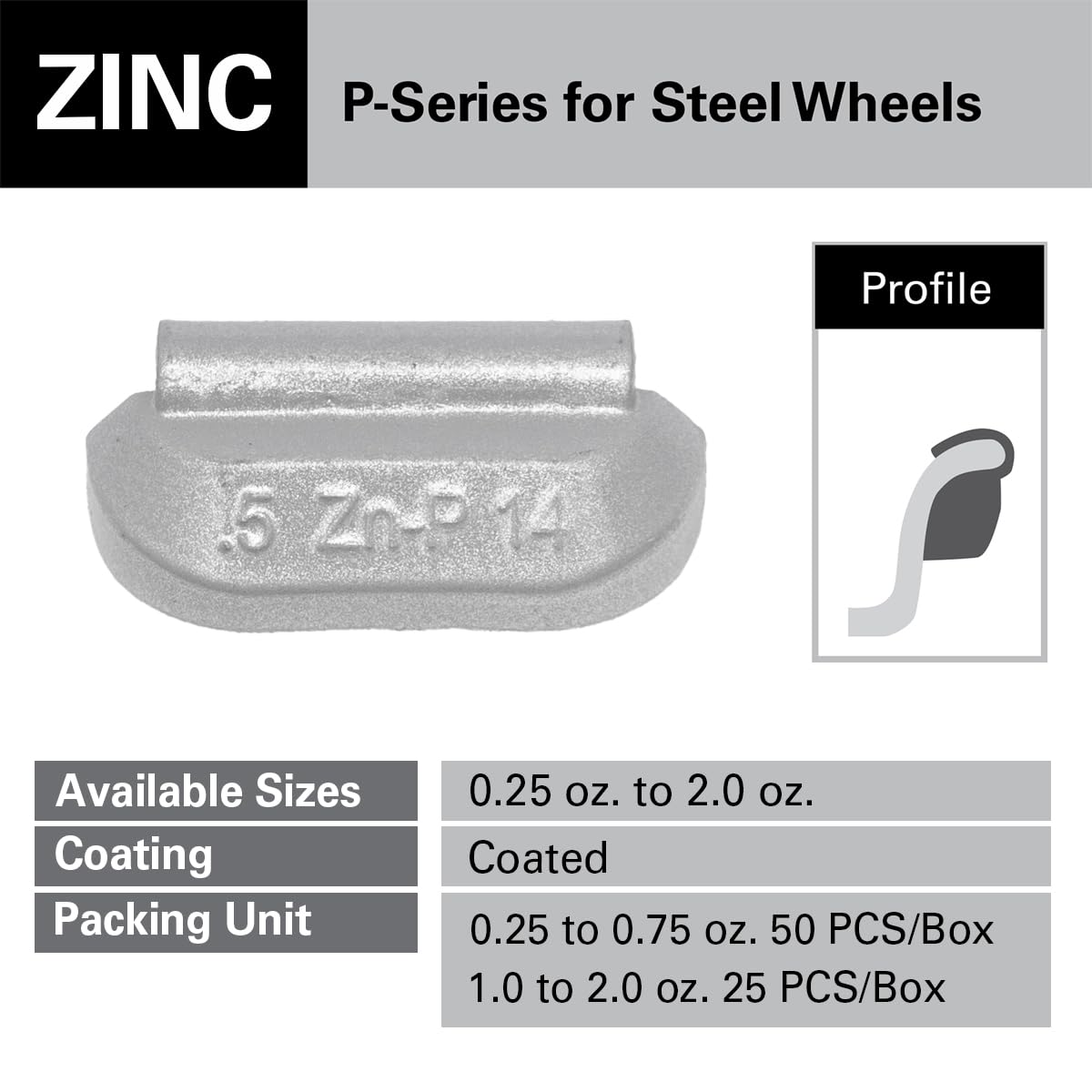 CKAuto P Series Zinc Clip on Wheel Weights 0.5oz, 1/2oz, Coated, 50Pcs/Box Fit for Steel Wheel