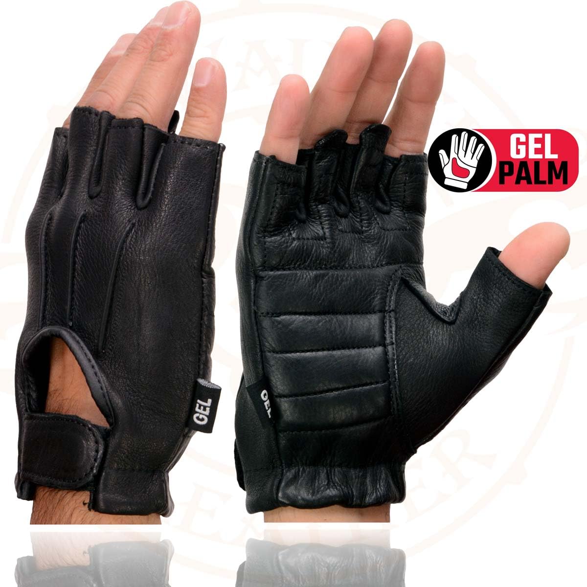 Shaf International SH878 Men's Black Leather Gel Padded Palm Fingerless Motorcycle Hand Gloves ‘Welted Genuine USA Deerskin’ - XXX-Large
