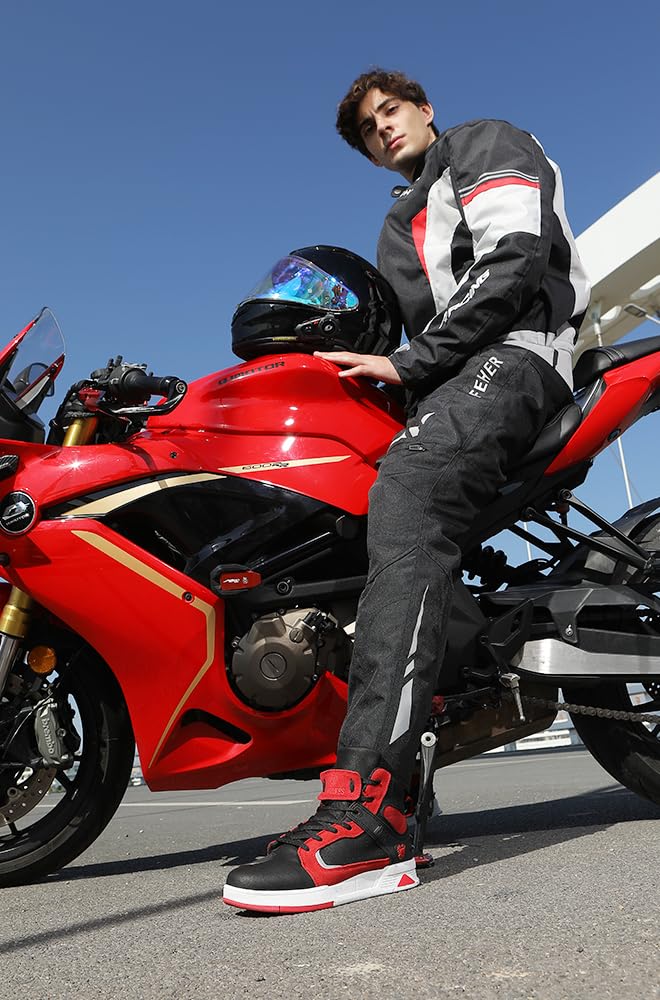 Bofucn Motorcycle Leather Boots,Street Riding Shoes,Anti-Slip Side Zipper Shoes For Men And Women (Black/Red, Adult, 6 Men/7 Wom