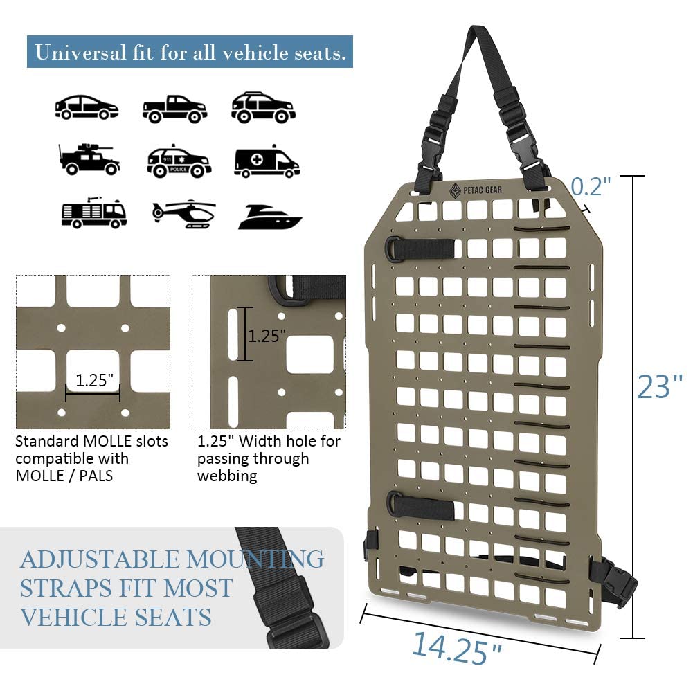 Petac Gear Tactical Car Seat Back Organizer | Rigid Molle Panels For Vehicles | Truck Mount Rack Panel For Tactical Gear Accesso