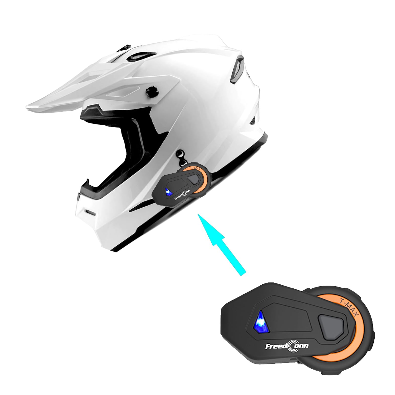 1Storm Adult Motocross Helmet Bmx Mx Atv Dirt Bike Helmet Racing Style Hf801 + Motorcycle Bluetooth Headset: Glossy White