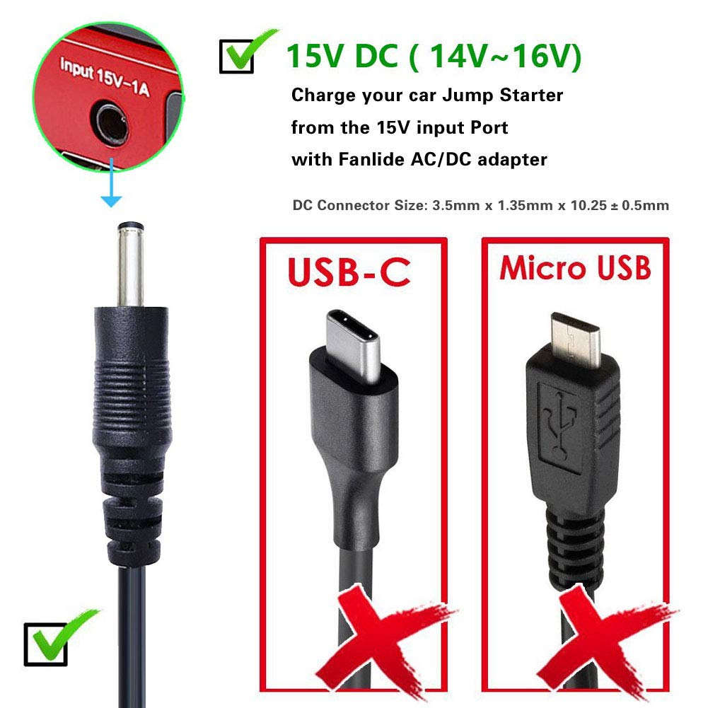 Fanlide Dc 15V 1A Adapter Charger For Car Jump Starter, Peak 450A 500A 600A 800A 1000A Auto Battery Booster Jump Starter Charger