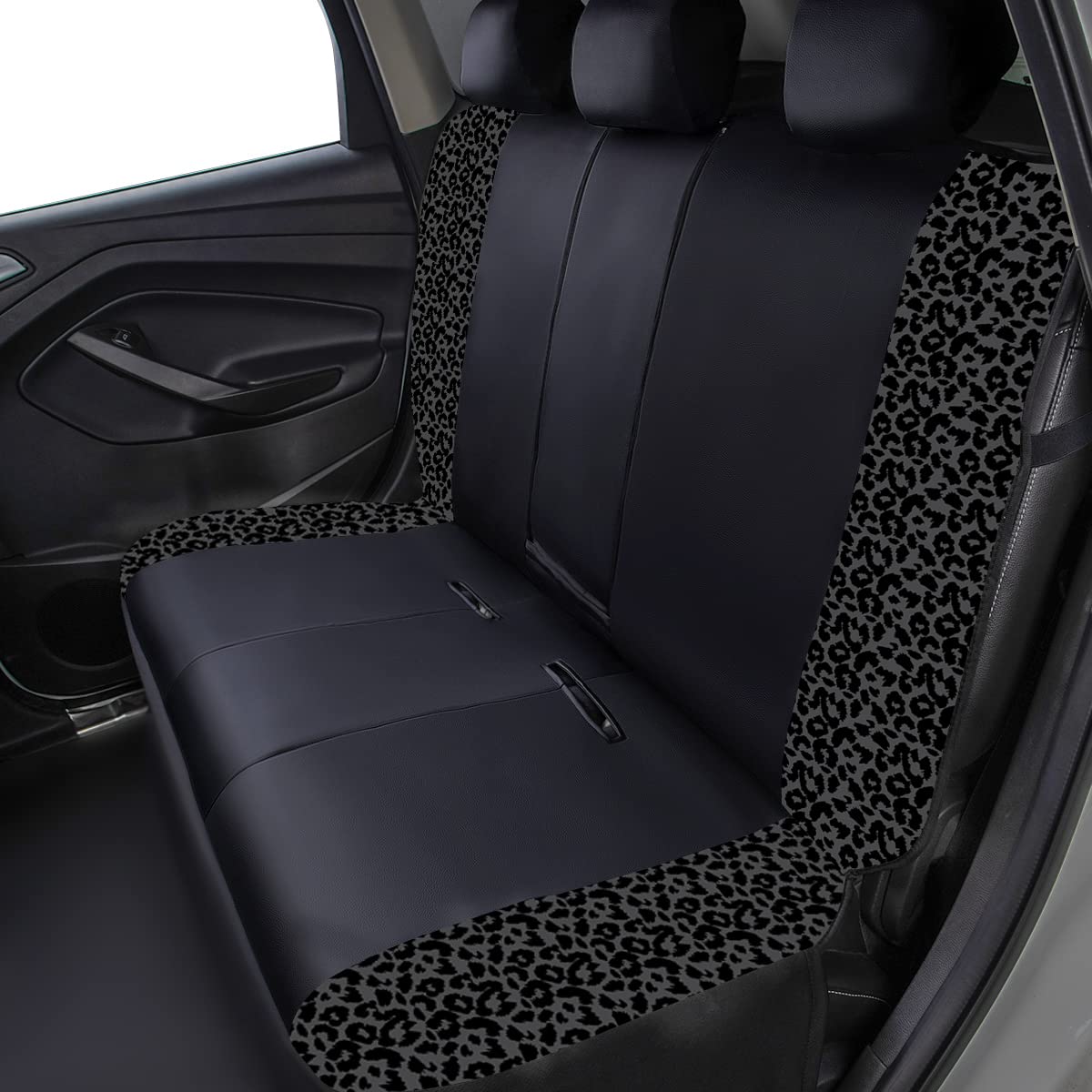 Flying Banner Carbon Fiber Leather Vehicle Seat Covers, Leopard Gray Black, Universal Fit - 8Pcs