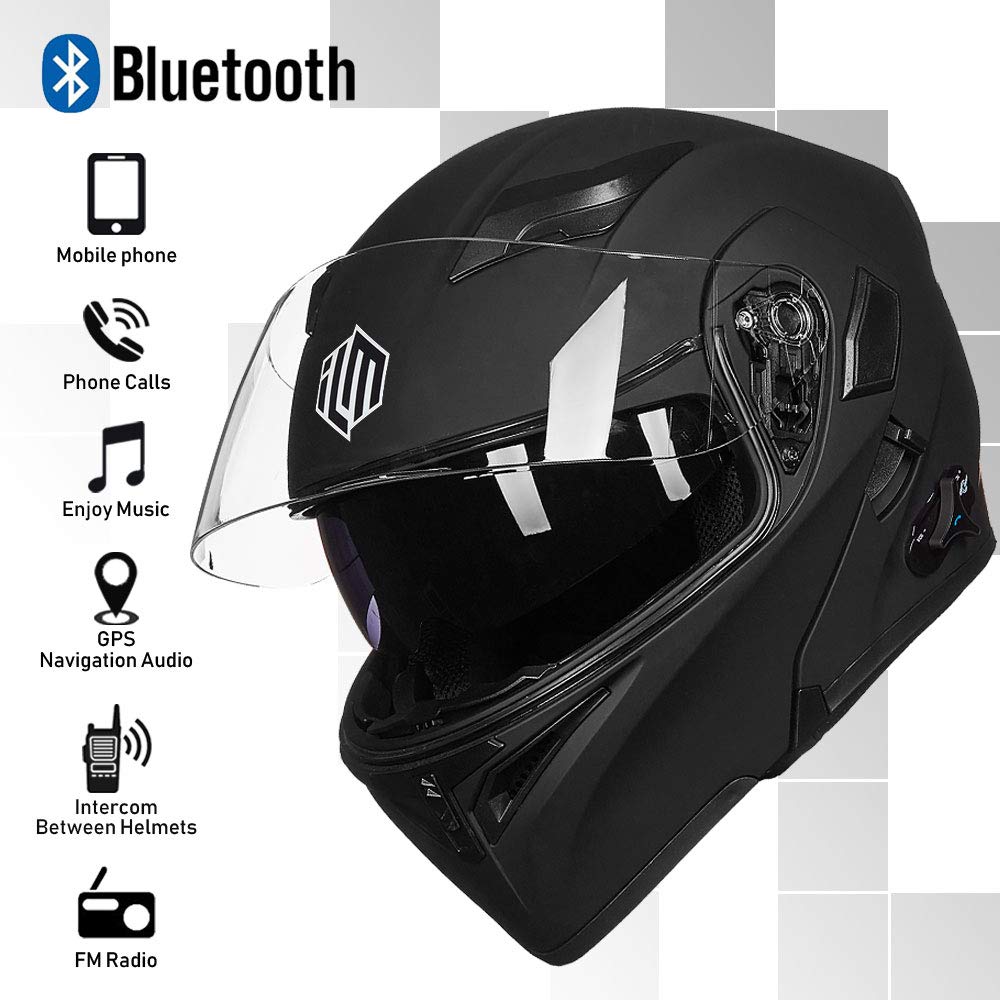 Ilm Bluetooth Motorcycle Helmet Modular Flip Up Full Face Dual Visor Mp3 Intercom Fm Radio Dot Model 902Bt(Matte Black, M)