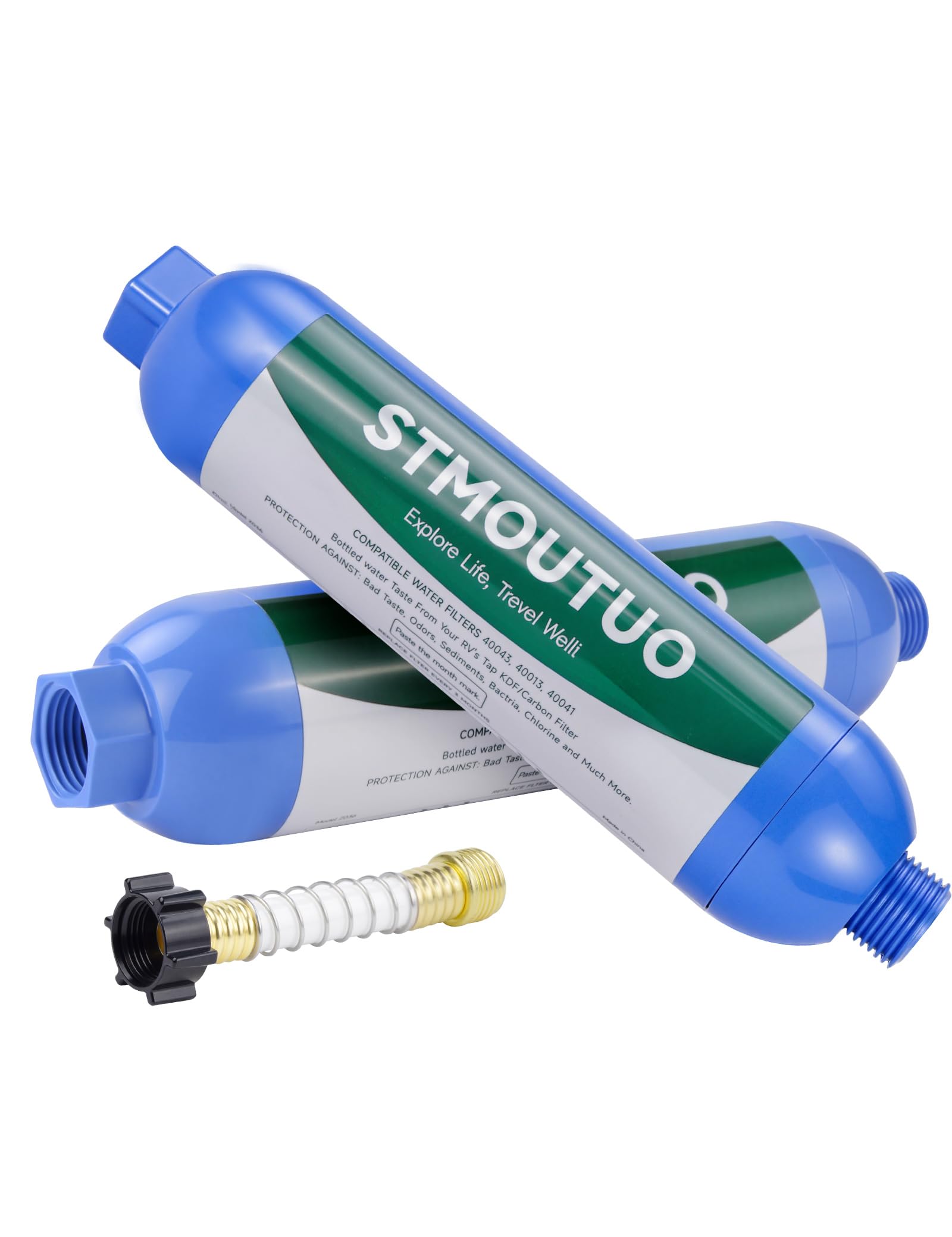 STMOUTUO RV Water Filter with Flexible Hose Protector - Greatly Reduces Bad Taste, Chlorine, Odor, Rust & Sediment - Inline Wate