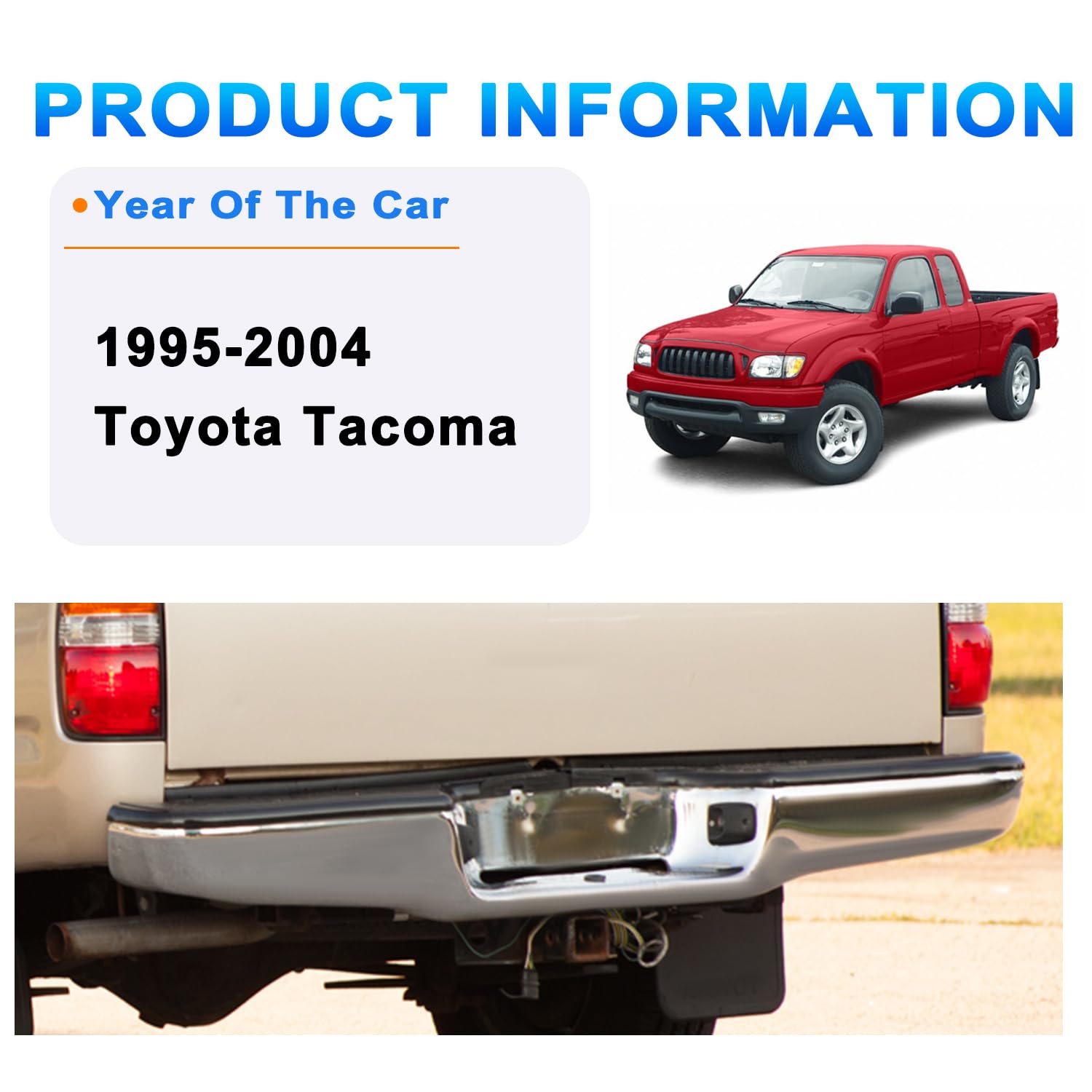 SOCKIR Anti-Rust Coating Rear Bumper Assembly Fit for 1995-2004 Toyota Tacoma Back Step Bumper with Black Plastic Pads Chrome St