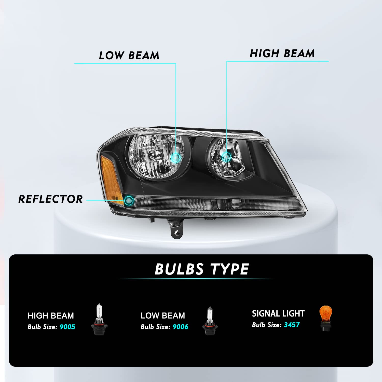 Tusdar Headlight Assembly Compatible With 2008-2014 Dodge Avenger Halogen Driver And Passenger Side Black Housing With Amber Reflector