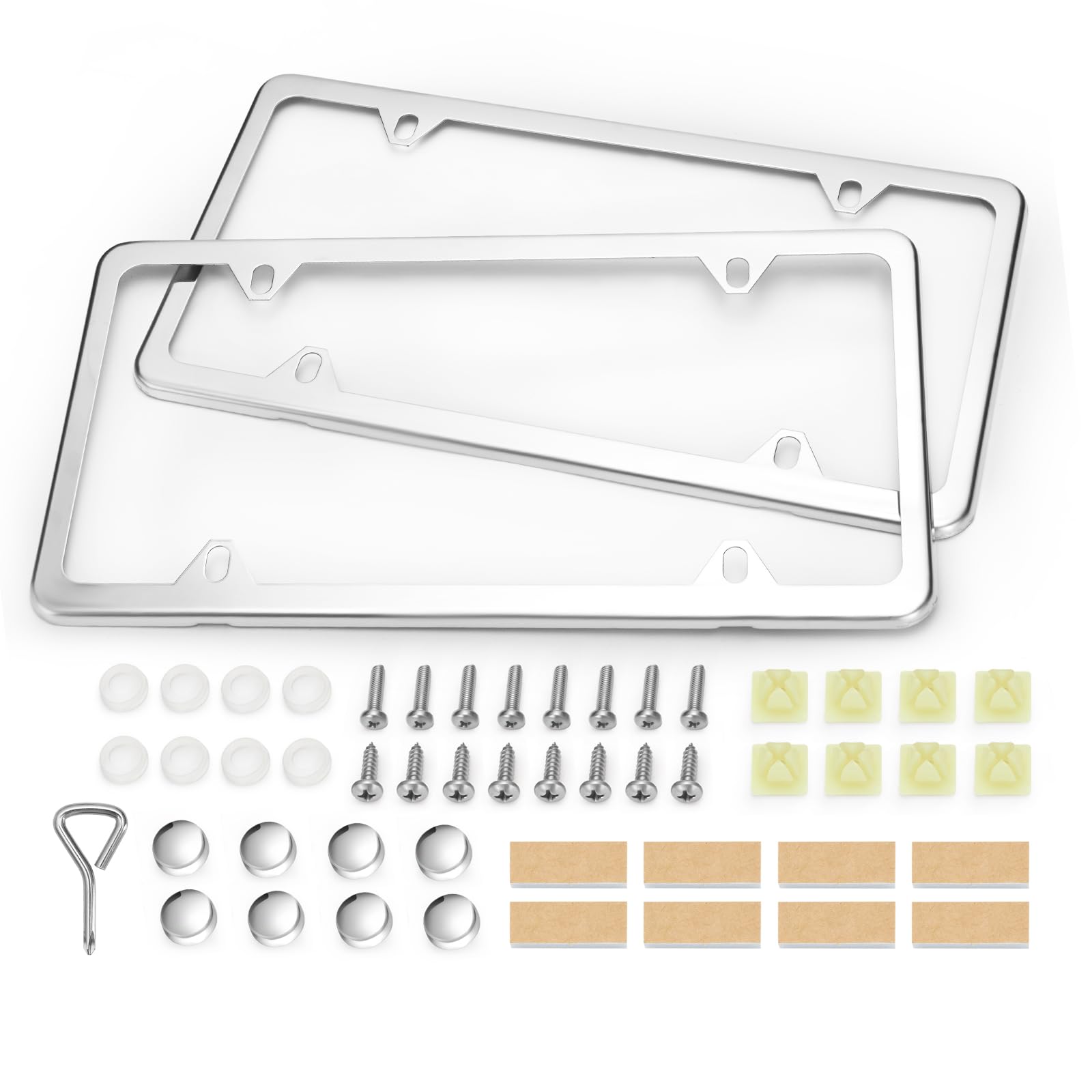 Ohuhu License Plate Frames, 2 Pcs 4 Holes Slim Stainless Steel Polish Mirror License Plate Frame + Chrome Screw Caps (Silver)
