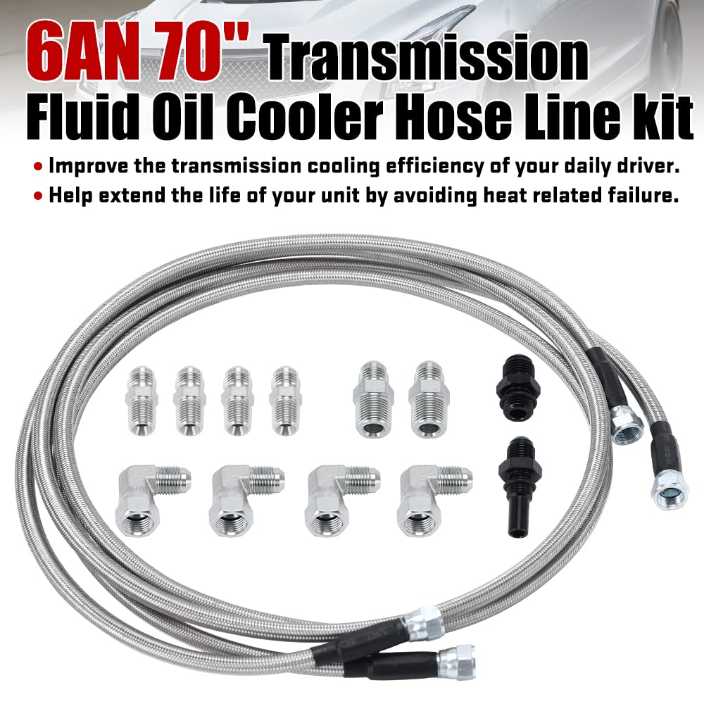Generic 6AN 70 Transmission Fluid Oil Cooler Hose Line Kit, Stainless Steel Braided PTFE, Compatible with GM & Ford Models, Silver