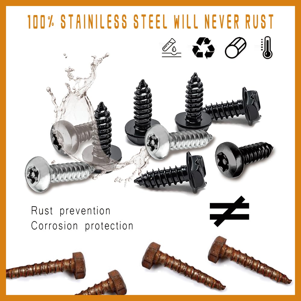 4 Set Black Anti Theft License Plate Screws Kits, Rustproof Stainless Steel Car Tag Plate Mounting Hardware, M6 (1/4'') Tamper P