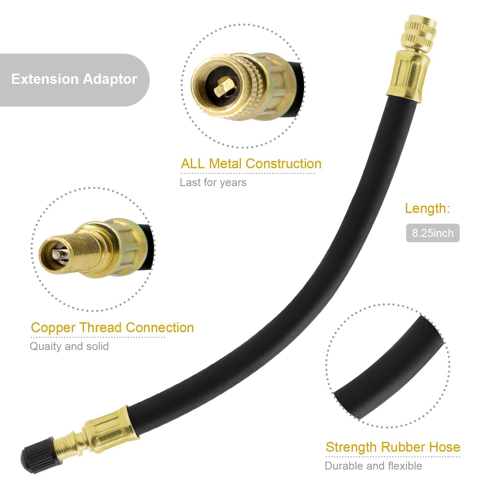 Tire Valve Extension, 8.25 Inch Flexible Valve Stem Extenders with Brass Schrader Tire Valve Extension Adaptor Compatible for Ca
