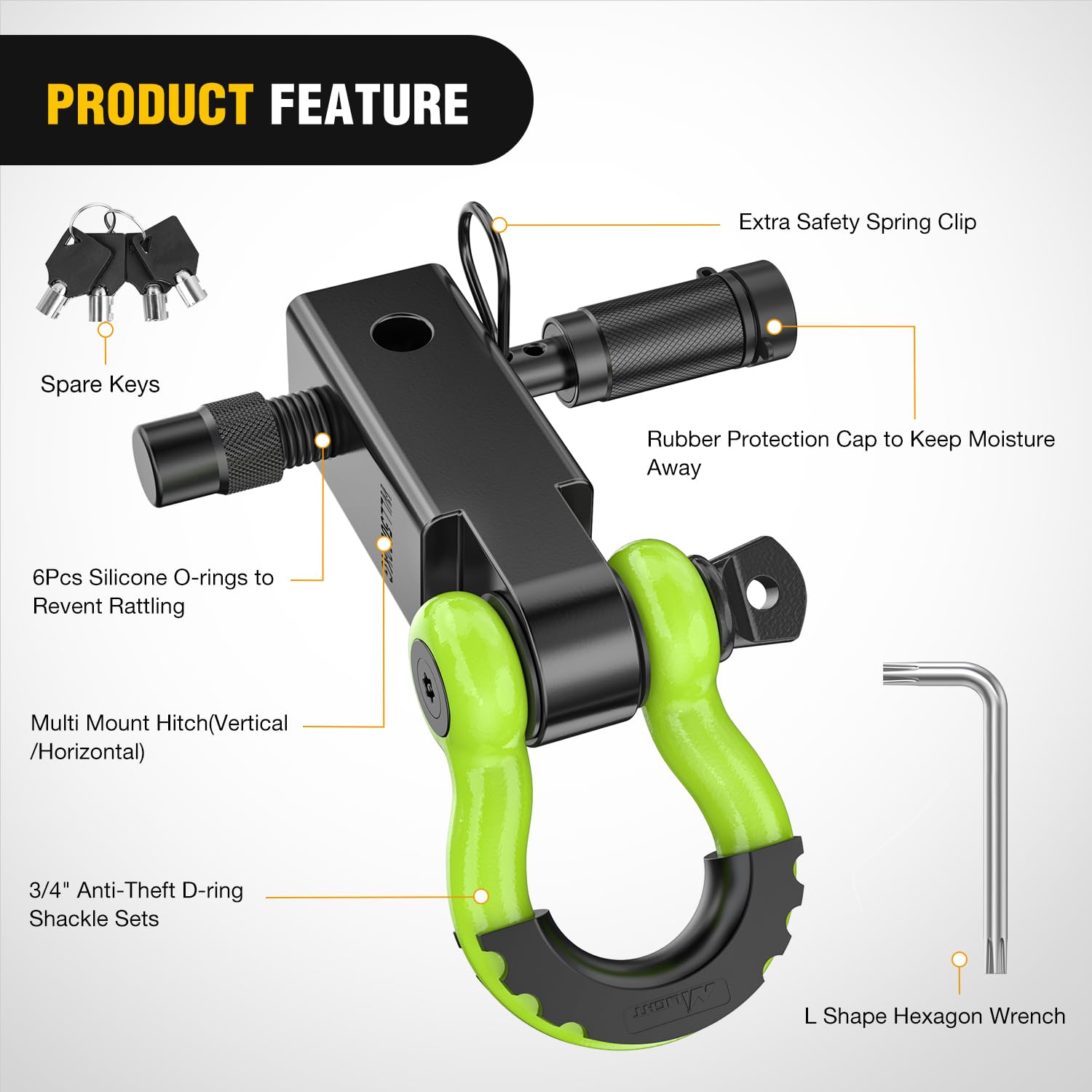 Nilight Anti-Theft Shackle Hitch Receiver 2Inch 45000 LBs Breaking Strength 3/4'' Anti-Theft D Ring Shackle 5/8'' Trailer Hitch
