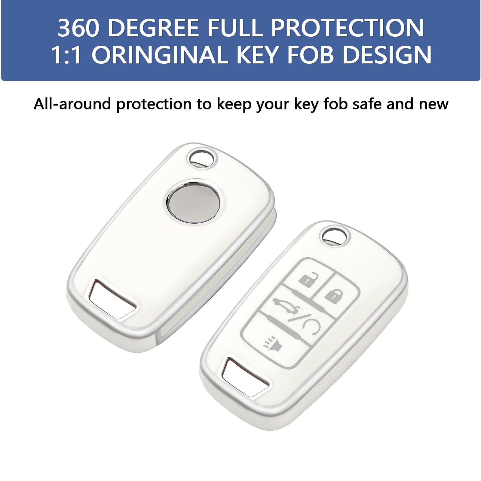 Offcurve For Chevy Buick Key Fob Cover, Tpu Key Fob Case Cover For Chevy Chevrolet Buick Encore Gmc Terrain Malibu Camaro Cruze Impala Equinox Volt Spark Sonic Car Smart Key Shell Accessories, White