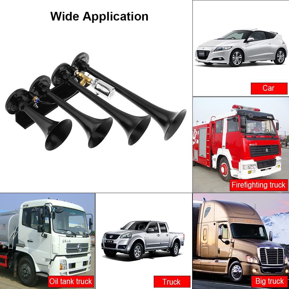 Drisentri 12V / 24V Truck Train Air Horn, 185Db Super Loud Four Trumpet Air Horn For Car Vehicle Truck Train Boat