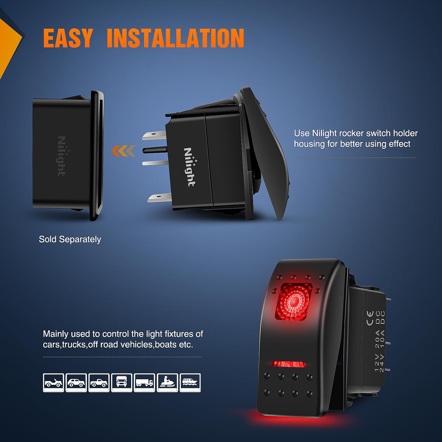 Nilight 3 Pack Rocker Switches With Night Glow Diy Stickers On Off 5 Pin Spst Led Light Switches With Red Backlit 12V/24V Toggle