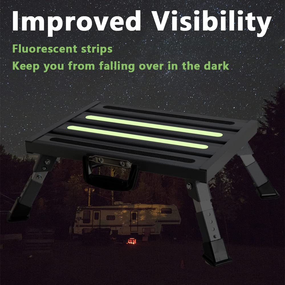 Garfatolrv Rv Steps, 4-Level Adjustable Height Folding Camper Steps, Grey Hammer-Tone Non-Slip Fluorescent Strip Aluminum Platfo