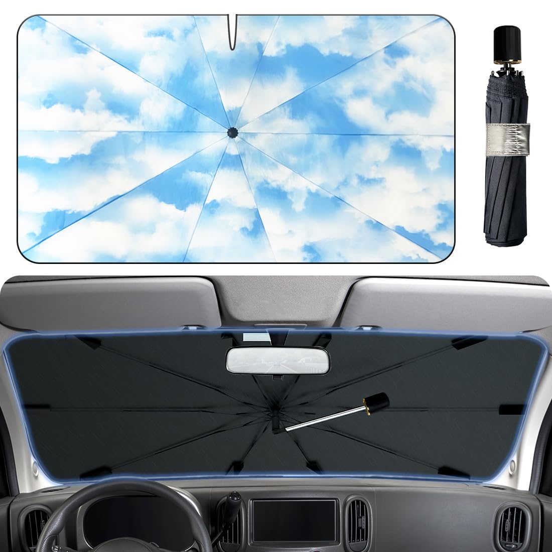 Upgraded Windshield Sun Shade, Car Sunshade with 360 Rotating Shaft, Umbrella Sun Shade Cover with Thicken Farbic, Car Shade Fro
