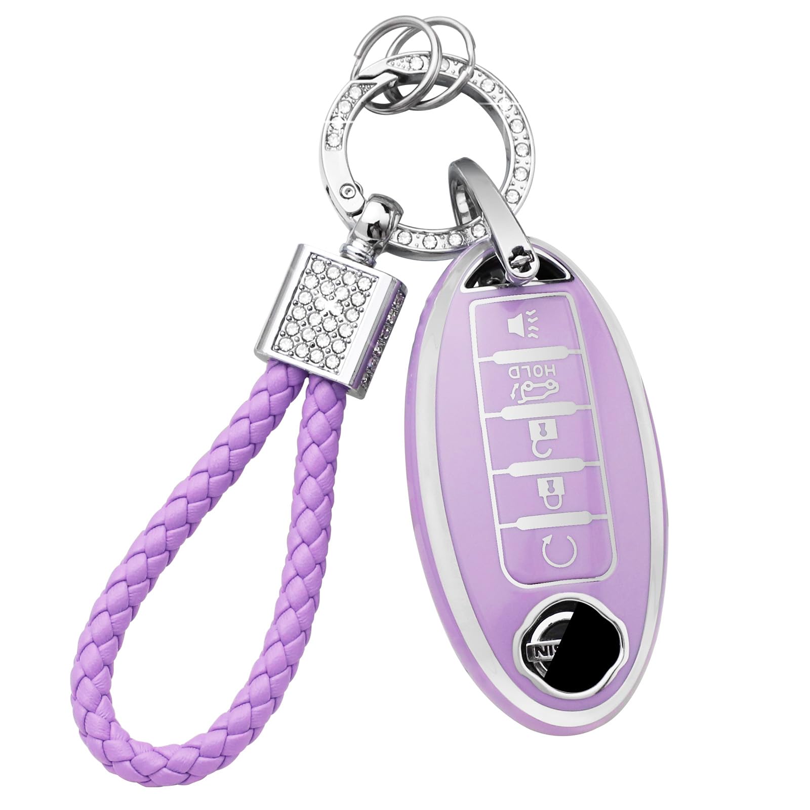 Pifoog Key Fob Cover For Nissan 5 Button Purple With Bling Keychain Girly Car Keys Case Shell Full Covers Protector Accessories