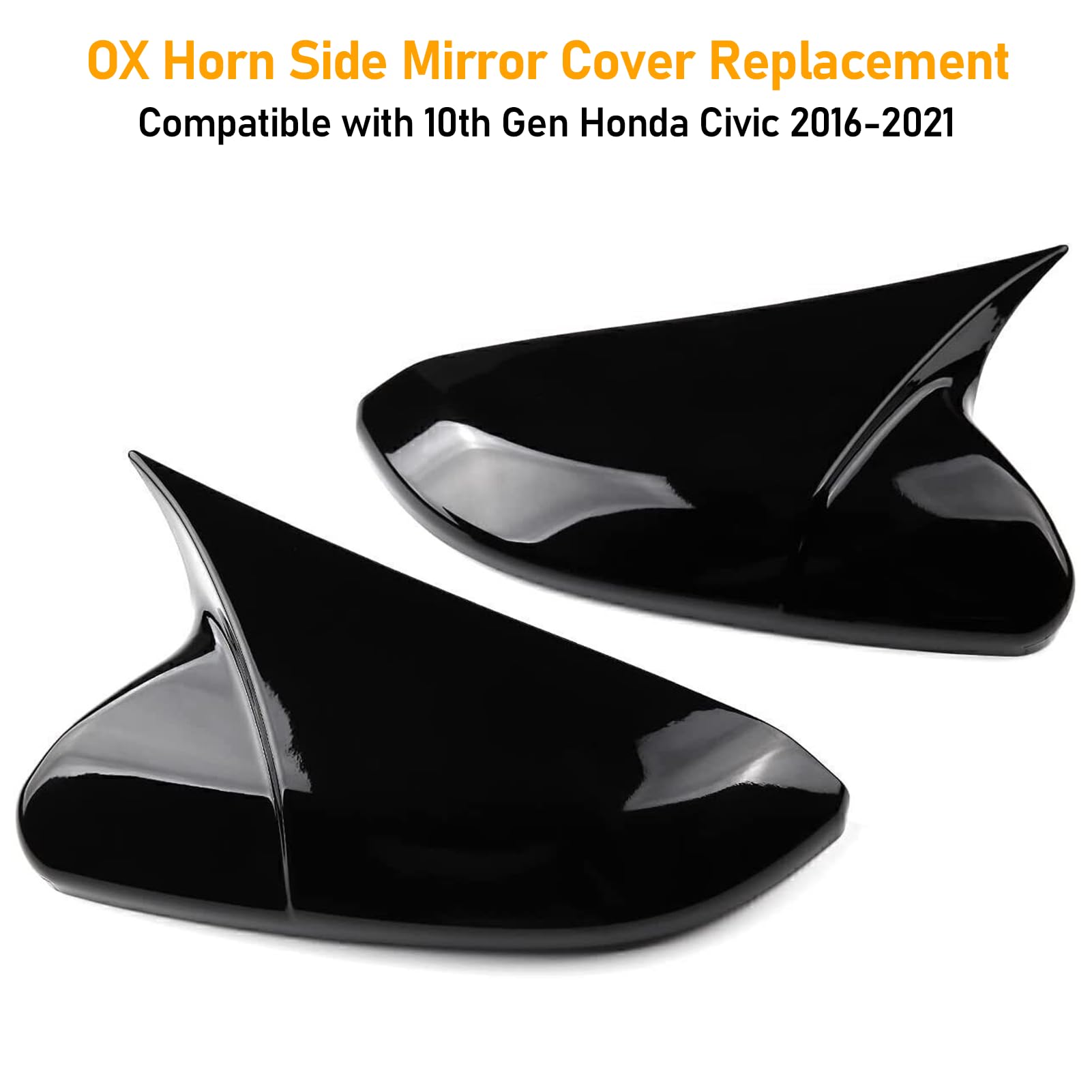 Moonlinks Compatible With 2016-2021 Honda Civic Side Ox Horn Mirror Cover Replacement, Glossy Black Lh & Rh Side Door Rearview M