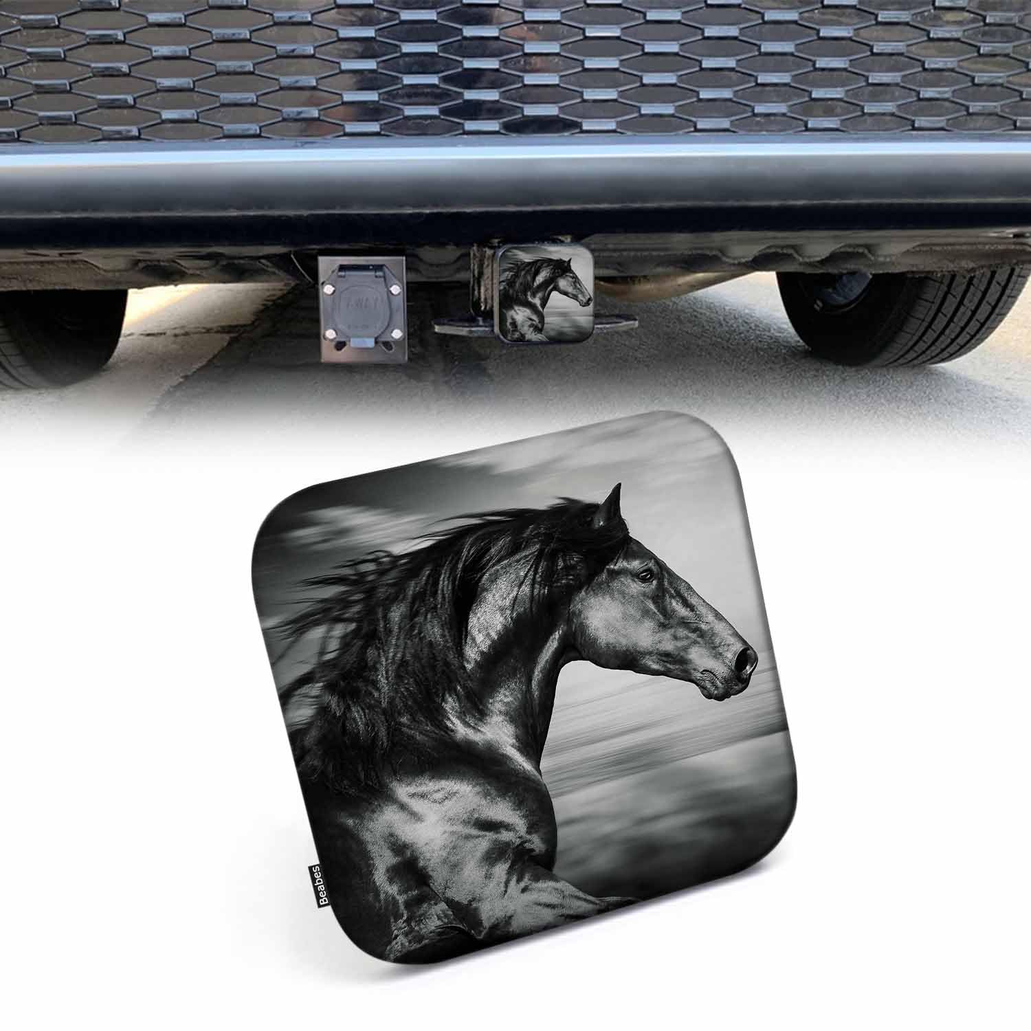 Beabes 2 Hitch Cover - Animal Running Horse On Desert - Protects Trailer Hitch Receiver Tube for Sedans, Trucks, Cars - Black Ho