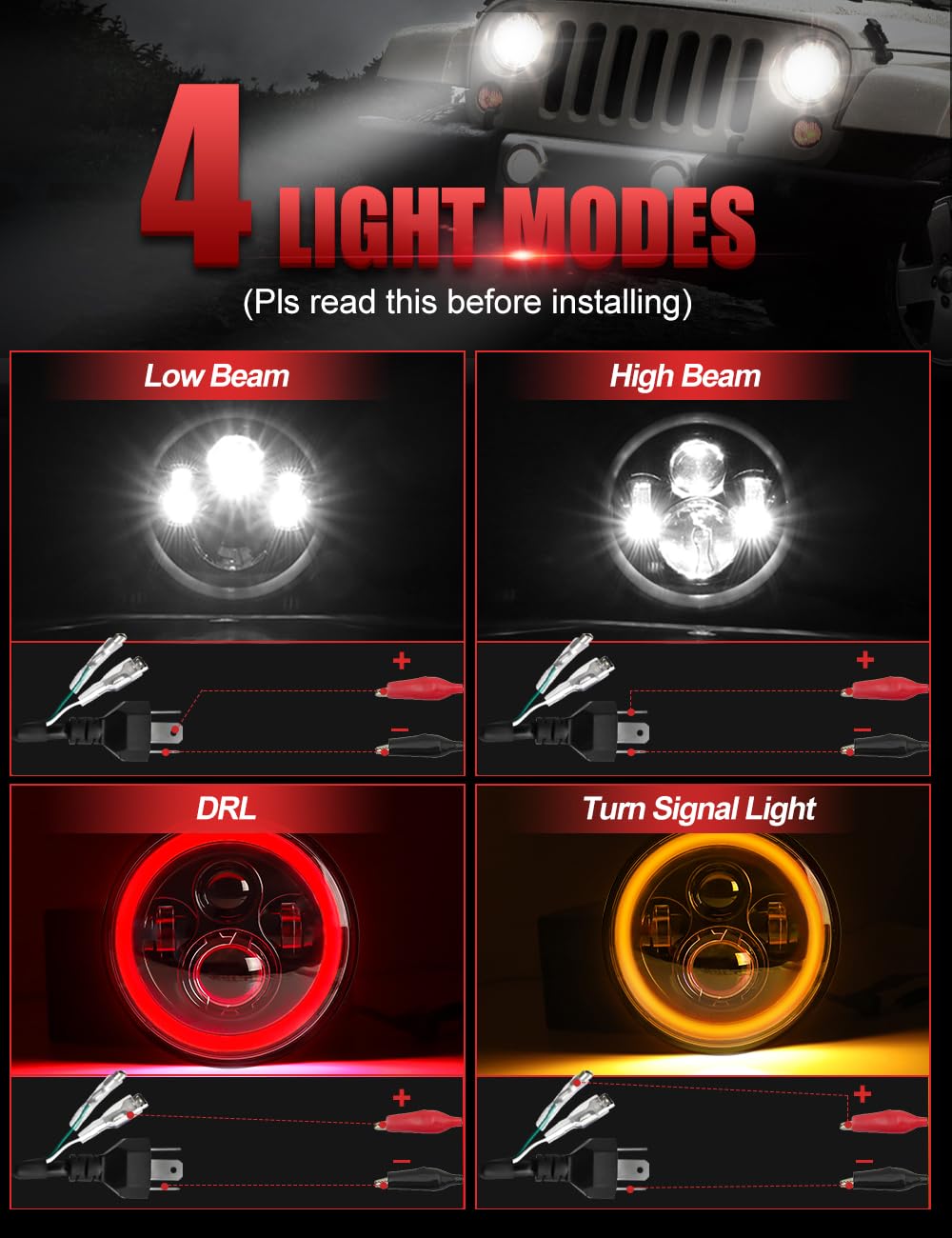 Uni-Shine 7 Inch Red Halo Led Headlight Hi/Lo Beam With Amber Turn Signal 2Pcs 7 Inch Led Headlight Dot Round H6024 Led Headligh