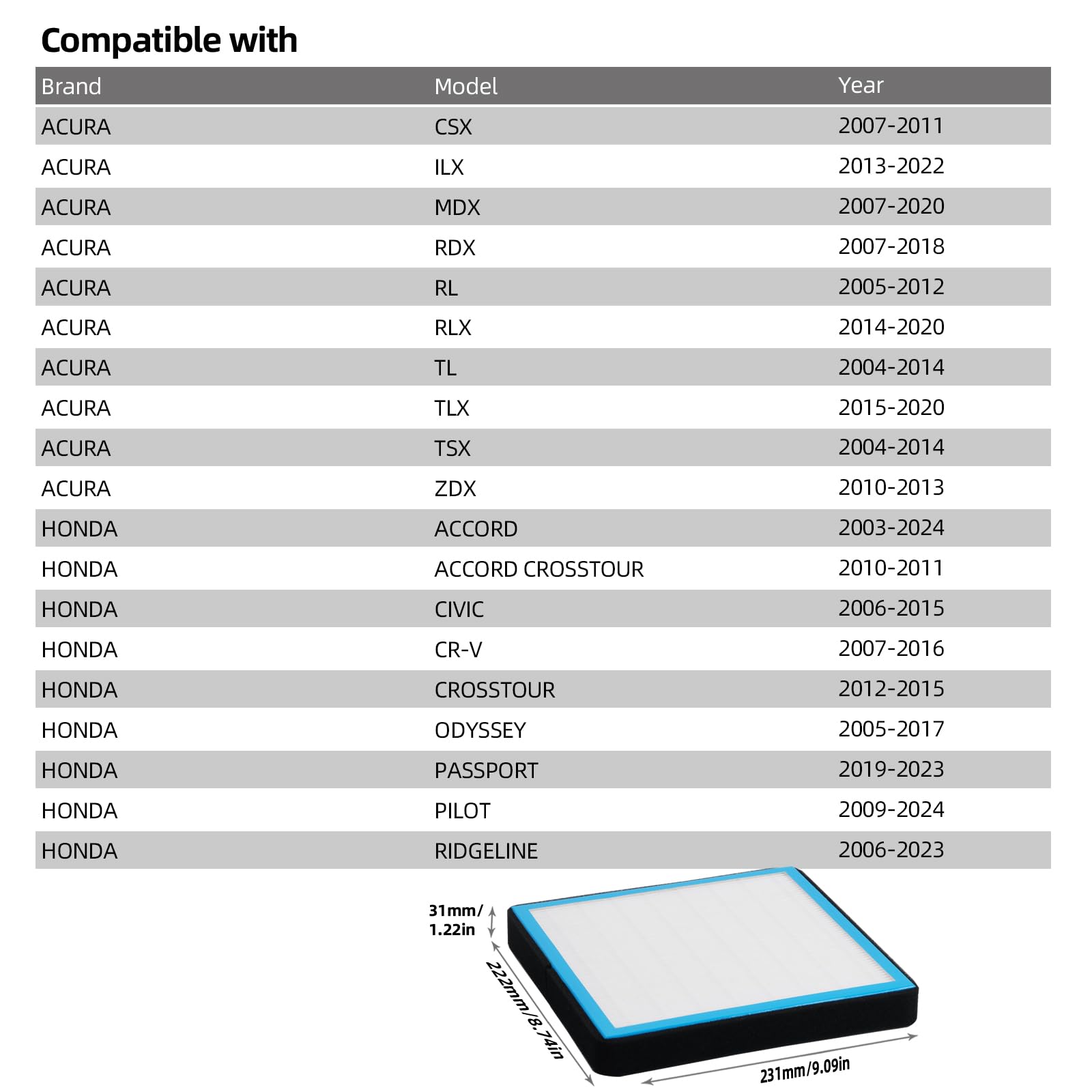 CF10134 AC Cabin Air Filter Compatible with Honda Civic Accord Crosstour Odyssey Passport Pilot Ridgeline Acura CSX ILX Selected