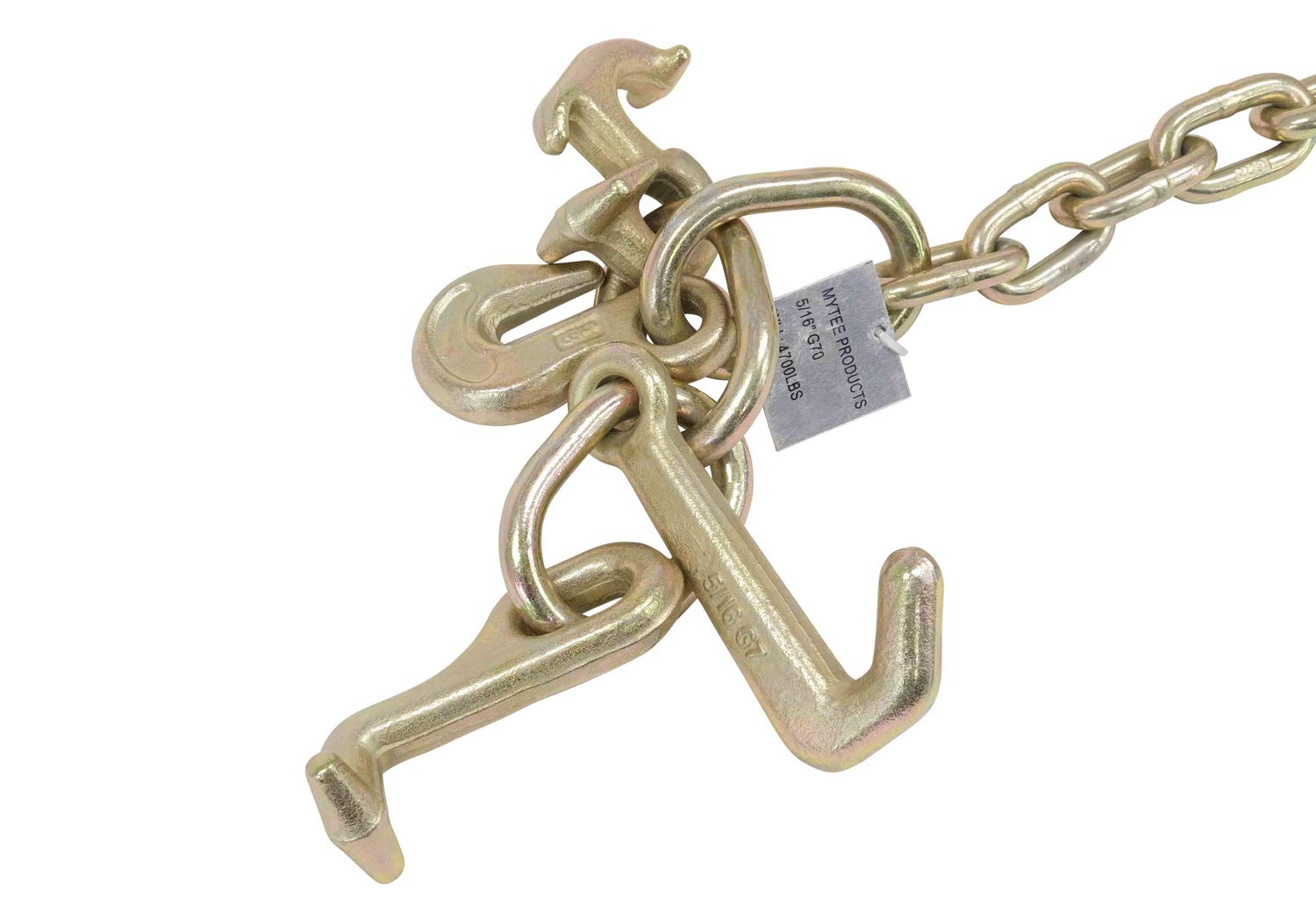 Mytee Products 4 Pack 5/16''X10' Leg G70 15'' Long Shank J Hook Tow Chain W/Rtj Cluster Hook & Grab Hook - 4700 Lbs Wll Heavy Du