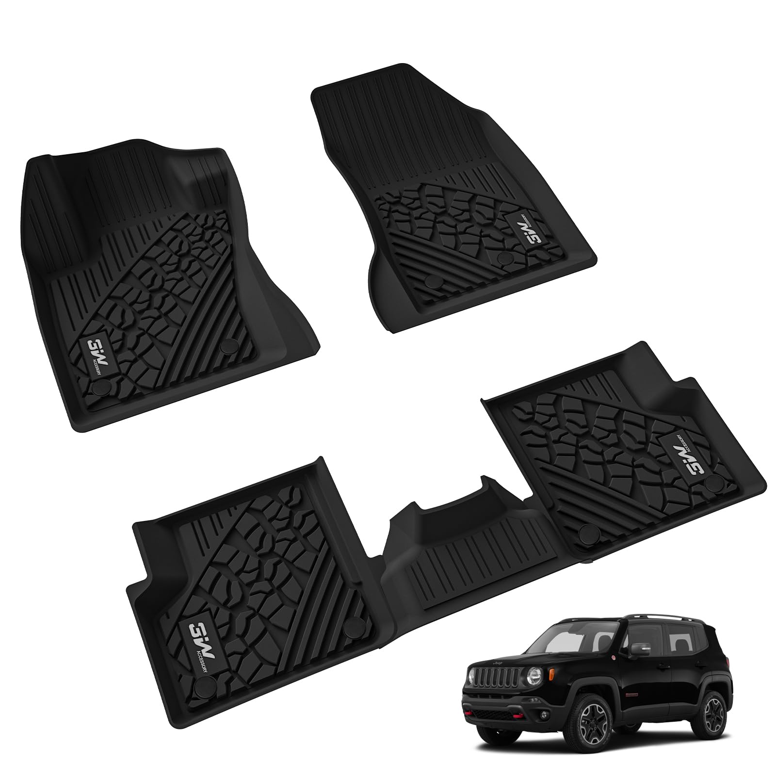 3W Floor Mats Fit For Jeep Renegade 2015-2023 Tpe All Weather Custom Fit Floor Liner For Jeep Renegade 1St And 2Nd Row Full Set