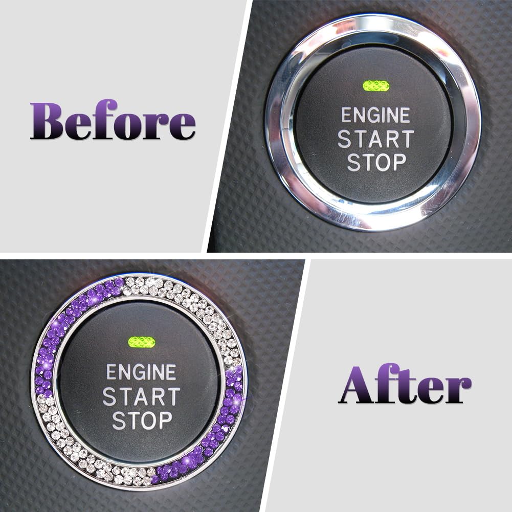 Tobequeen White Purple Bling Start Button Cover Emblem Sticker, Crystal Diamond Rhinestone Push Start Ring Car Decor, White And