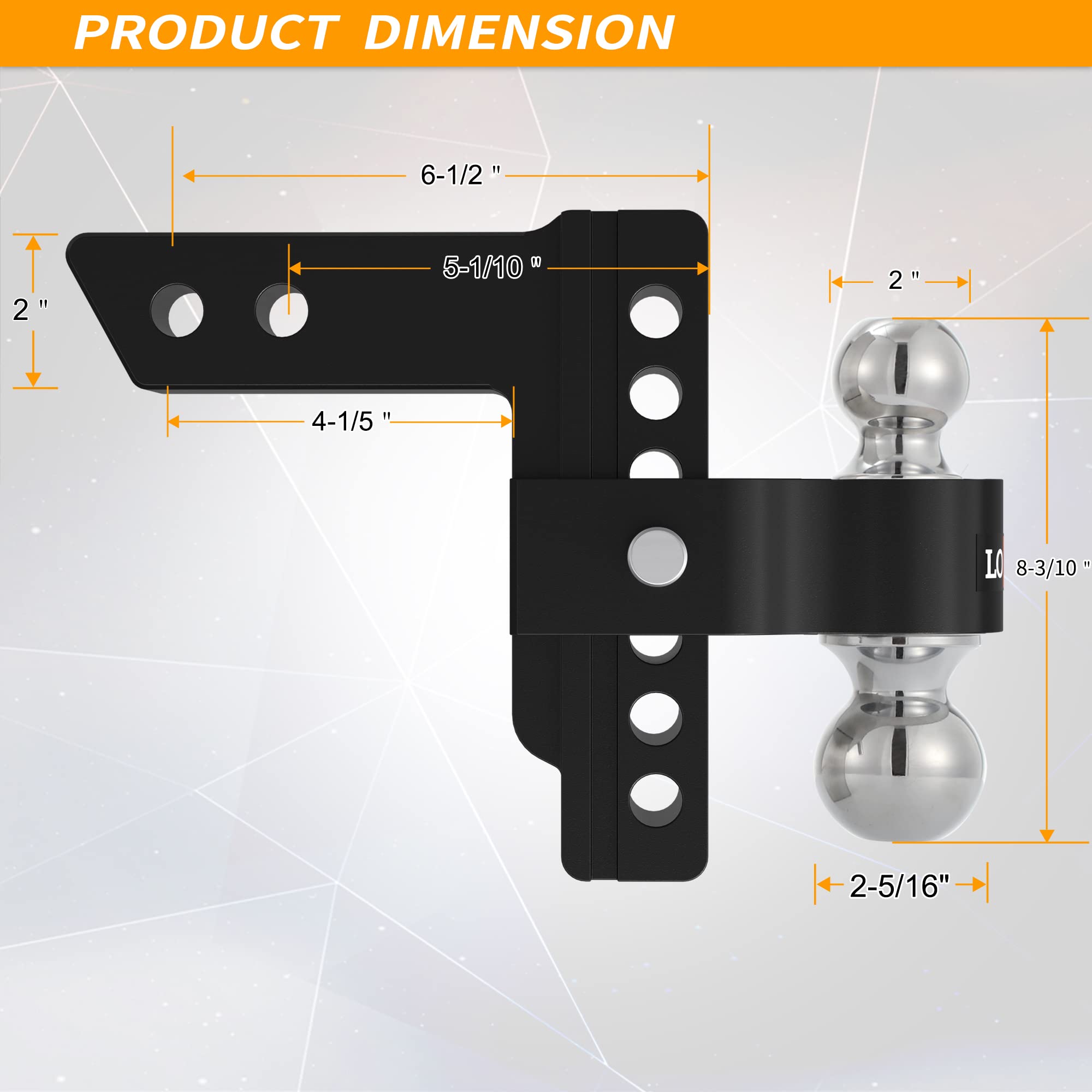 LOCAME Adjustable Trailer Hitch, 6-Inch Drop/Rise, Aluminum, 12,500 LBS GTW, Black, Model LC0024