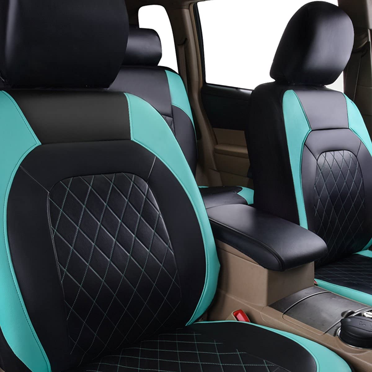 Horse Kingdom Universal Faux Leather Car Seat Covers Full Set, Airbag Compatible, Breathable, Fit For Cars, Trucks, Suv (Black And Mint)