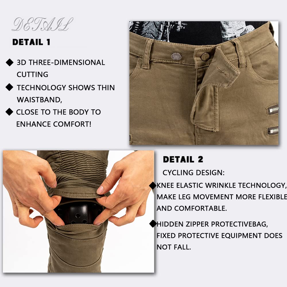 Lomeng Motorcycle Riding Pants Motorbike Motocross Cycling Jeans Safety Ce Knee Hip Removable Armored All Seasons For Men Khaki