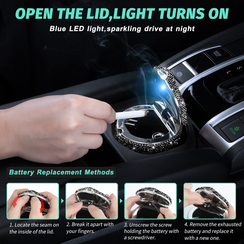 Eing Car Ashtray Portable Cigarette Smokeless Cylinder Cup Holder With Blue Led Light Indicator And 2 Replacement Batteries,Car