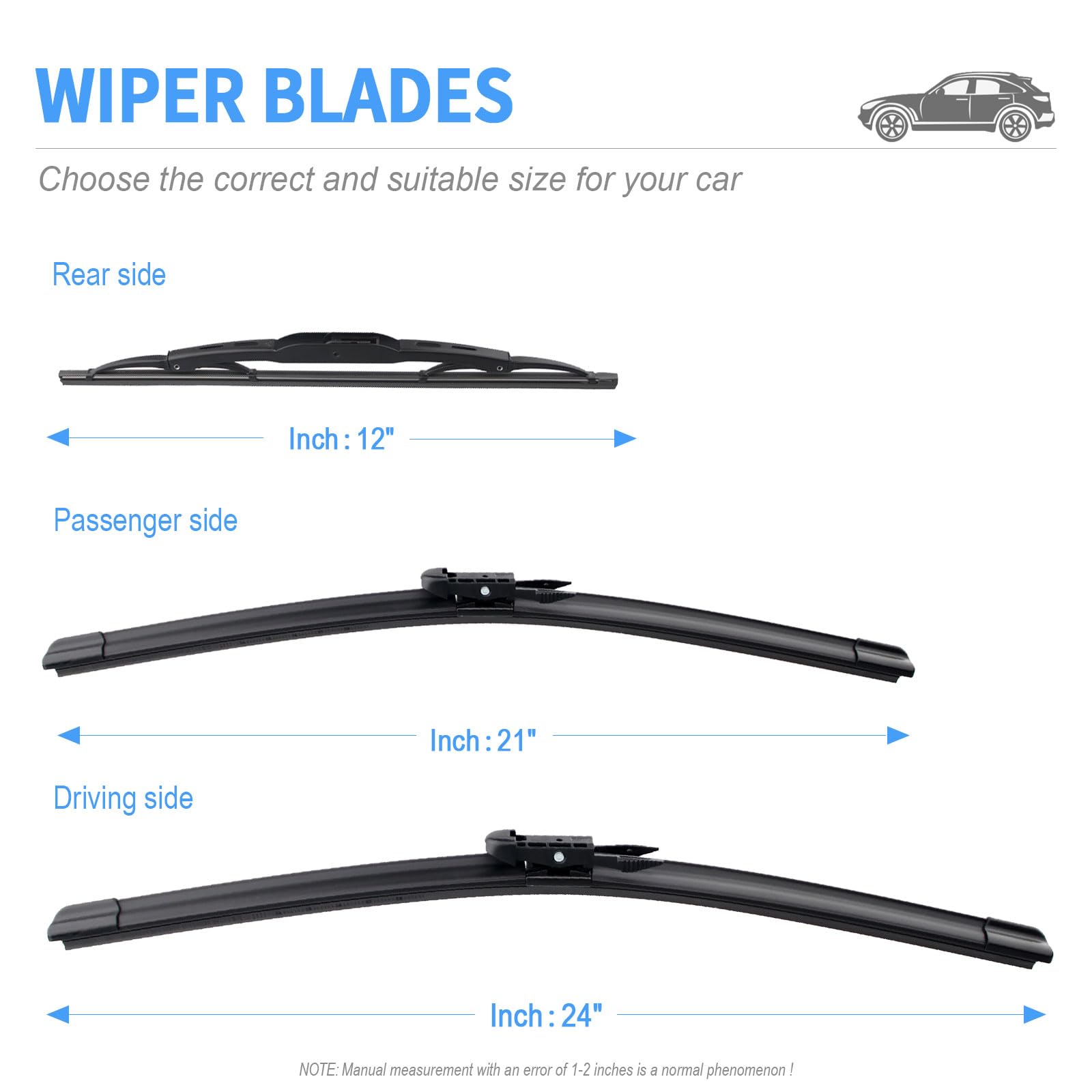 Gavimnal 24''+21''+12'' Silicone Wiper Blades Replacement For Chevrolet Traverse 2012-2017,All-Season Front Rear Windshield Wipe