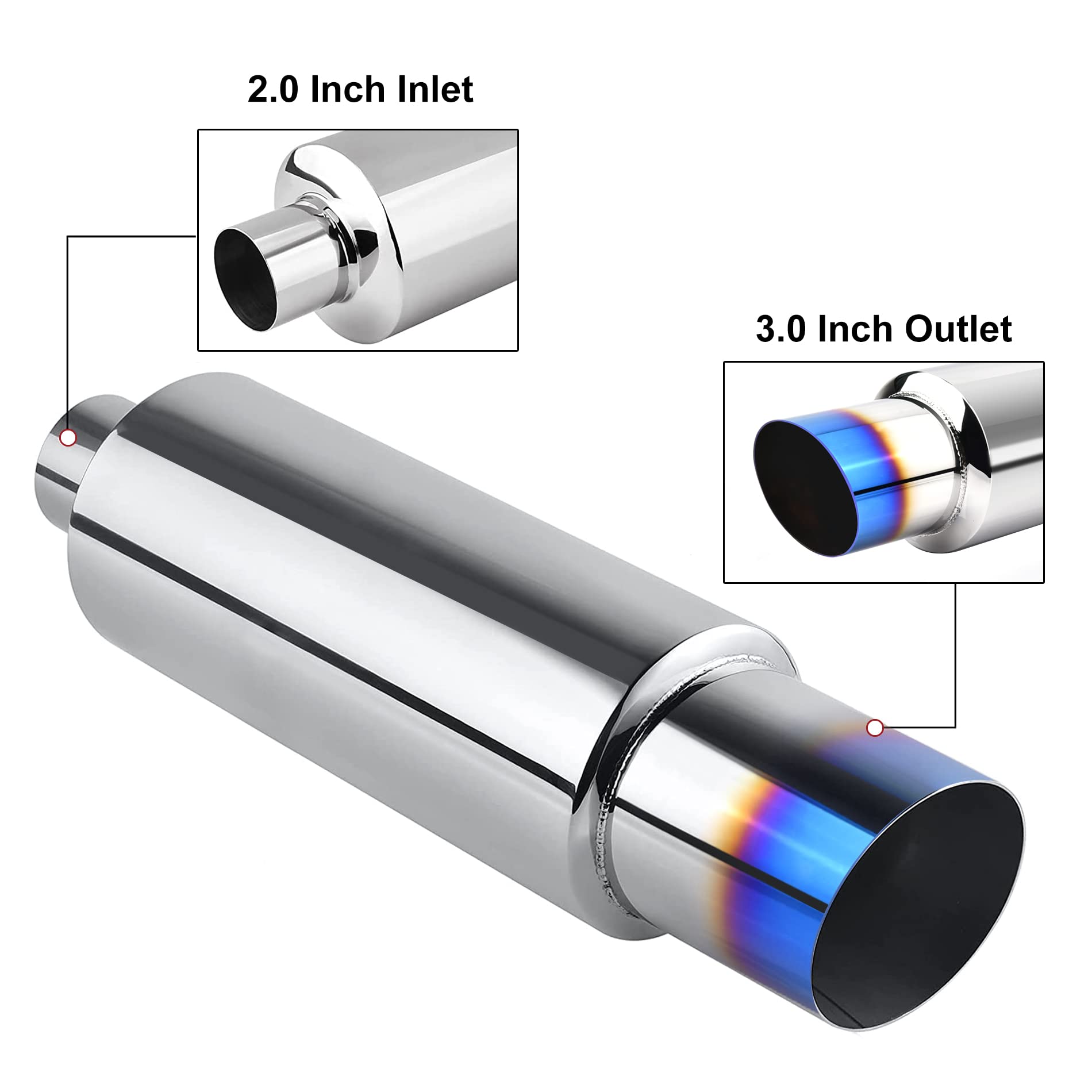 Evil Energy Exhaust Muffler, Stainless Steel Exhaust Tip, Universal 15' Length (Burnt, 2'' Inlet 3'' Outlet)