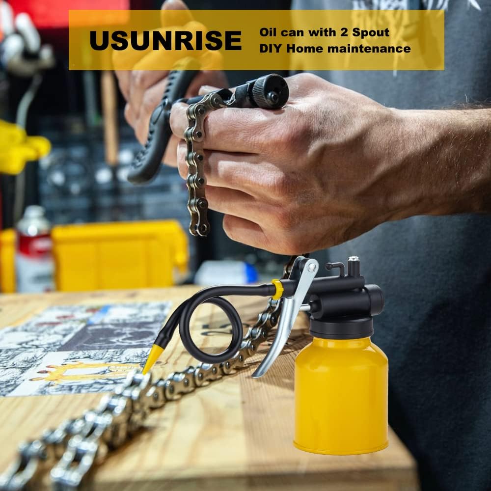 Multipurpose Metal Oil Can,Oil Can Pump Oiler With 2 Spout For All Lubrication Need Of Car, Bikes And Machines -8 Oz.Yellow Capa