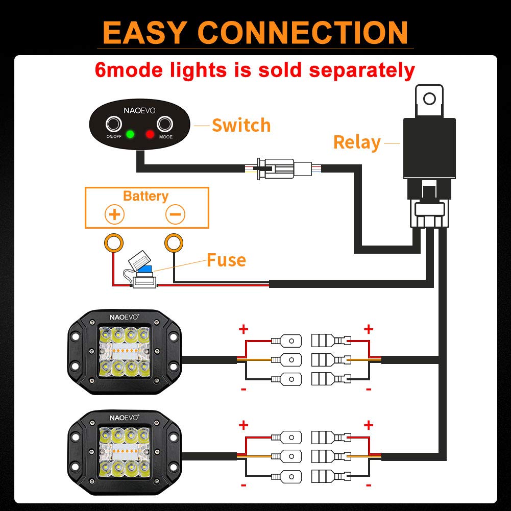 Naoevo Wiring Harness 12Ft, Specially Customized For Naoevo 6 Modes Led Light Bar, 12V 40A Relay For Switching Between Different Modes -2 Leads