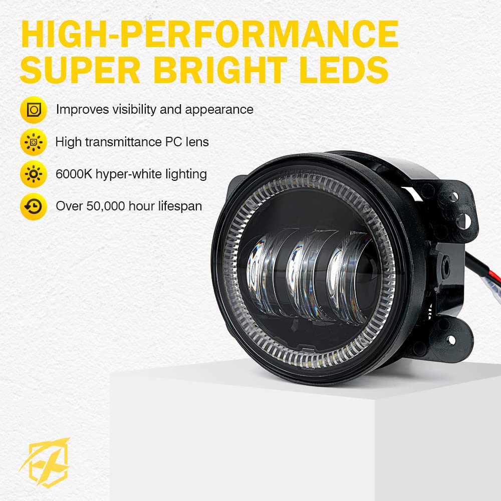 Xprite 4'' Inch Fog Lights, 60W Led Foglight With Blue Halo Ring Angle Eye Drl Compatible With 2007-2018 Jeep Wrangler Jk Off Ro