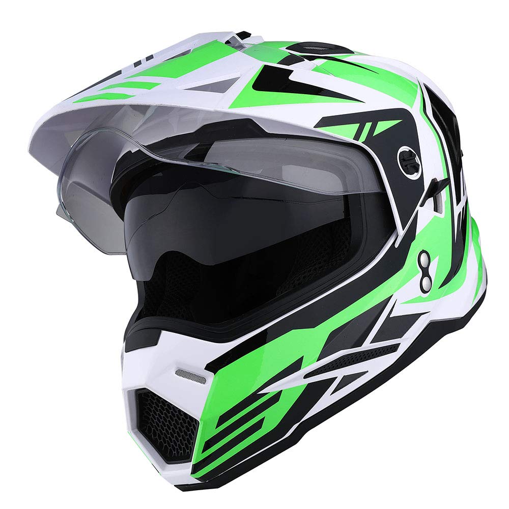1Storm Dual Sport Motorcycle Motocross Off Road Full Face Helmet Dual Visor Storm Force Green, Size Small